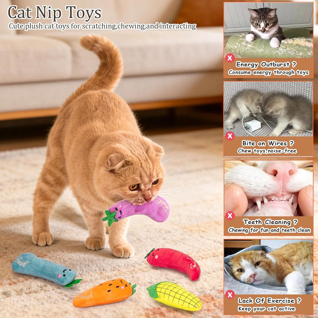Catnip Cat Toys, 5 Pack, Plush Cat Nip Toys for Indoor Kitten Kitty, Interactive Cat Kicker Chew Safe Teeth Cleaning Toys, Fun Vegetable Shape