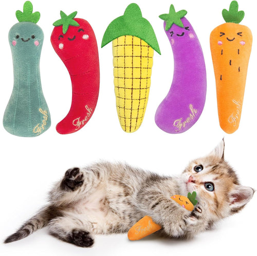 Catnip Cat Toys, 5 Pack, Plush Cat Nip Toys for Indoor Kitten Kitty, Interactive Cat Kicker Chew Safe Teeth Cleaning Toys, Fun Vegetable Shape