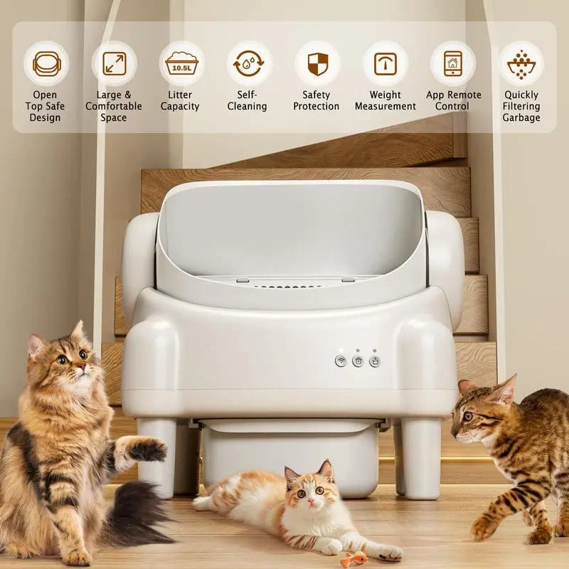 ECORUI Self Cleaning Litter Box Open Top Automatic with App Control for Multiple Cats Safety Sensors Protection Cream White 16.5"X16.5" Entrance 10.5L Compartment