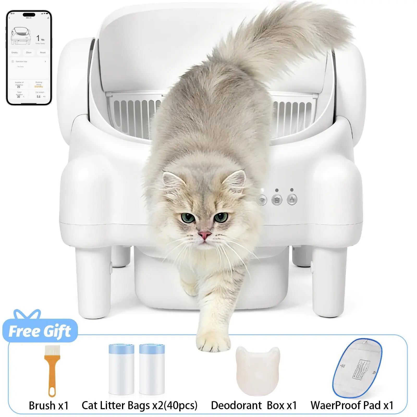 ECORUI Self Cleaning Litter Box Open Top Automatic with App Control for Multiple Cats Safety Sensors Protection Cream White 16.5"X16.5" Entrance 10.5L Compartment