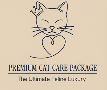 Logo for a premium cat care package with a cat and heart design on a beige background.
